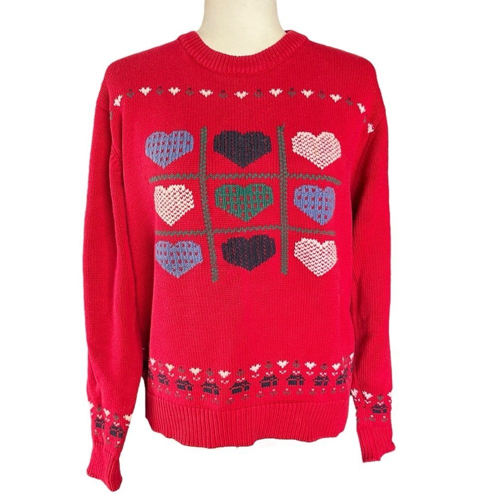 Vintage Eddie Bauer Cotton Knit Sweater Red Heart Cottagecore Womens Med Petite